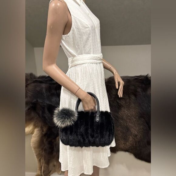 Black Real Mink Fur Handmade Boston Bag/Crossbody, with Free Fox Fur Ball Charm - Picture 5 of 16